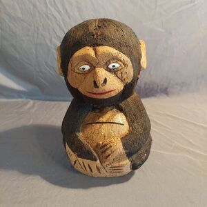 Vintage Hand Carved Coconut Sitting Monkey Sculpture Bank